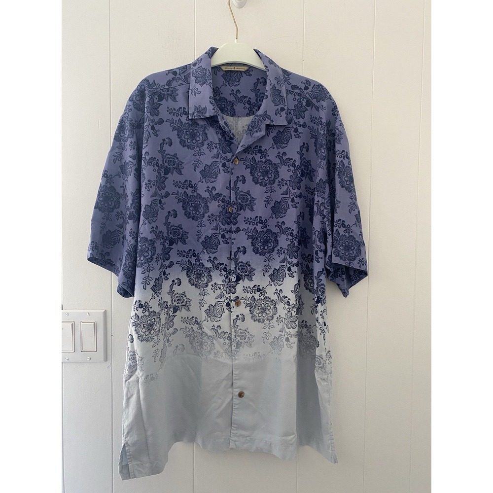 VTG Tommy Bahama Short Sleeve Silk Shirt Mens XL Blue Floral To White Ombré